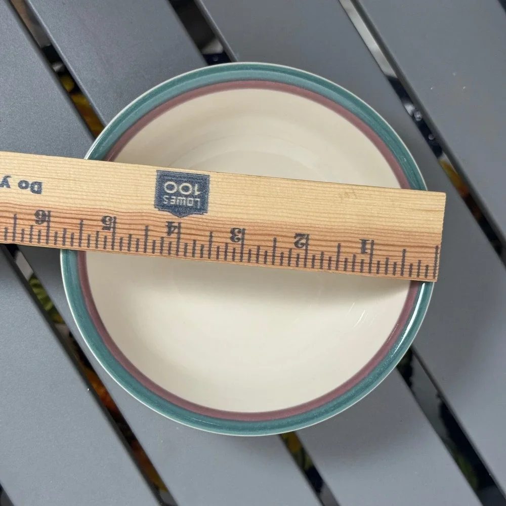 Set of 5x Vintage Stoneware Cereal Soup Bowls Teal Mauve Banded Cream 6.25